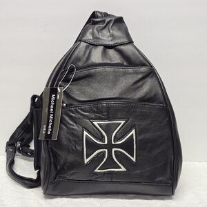 Michael Michelle Women's Genuine Black Leather Biker Backpack Chopper Emblem NWT